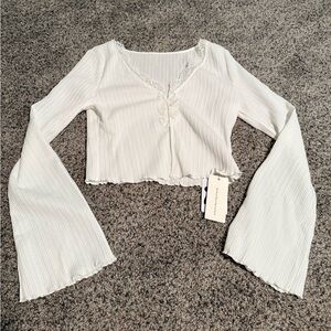 Commense White Ribbed Crop Top with Lace Detail